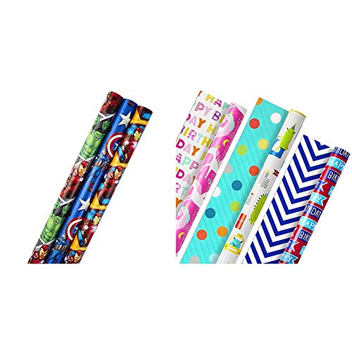 Hallmark Avengers Wrapping Paper Bundle & Reversible Kids Birthday Wrapping Paper, Monsters and Unicorns (Pack of 3, 120 sq. ft. ttl.)