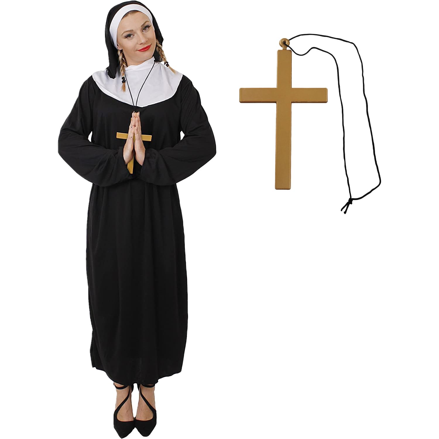 Adults Nun Costume - Medium - Habit & Headpiece, Belt and Gold Cross - Adults Religious Fancy Dress Costume