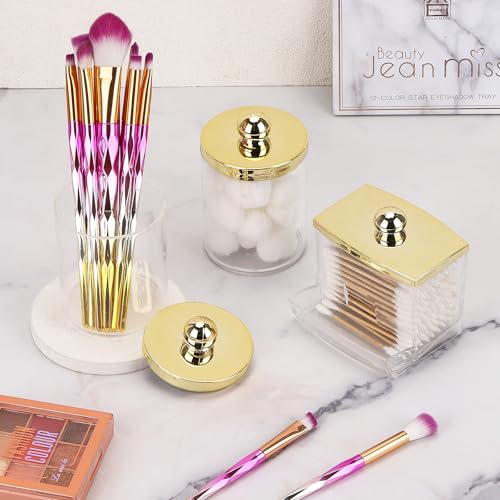 Image of Tbestmax 10oz Cotton Ball Holder 7oz Qtips Dispenser, Bathroom Container Organizer for Storage Cotton Swabs, Pads - Apothecary Jar with Gold Lids