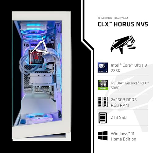 Image of CLX Horus Gaming PC - Intel Core Ultra 9 285K 3.7GHz, GeForce RTX 5080, 2TB SSD, 32GB DDR5 RGB Memory, 360mm AIO, WiFi, Windows 11 Home, White, AI-Accelerated