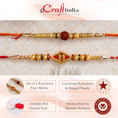 Image of eCraftIndia Set of 2 Rudraksha, Pearl Designer Rakhis for Brothers, Best Bro Ever Fridge Magnet with Roli Chawal Pack - Rakhis for Brother, Bhabhi, Kids