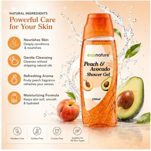Image of Econature Shower Gel & Body Wash for Men & Women | Peach & Avocado, Mimosa & Neroli Blossom, Blackcurrant & Bearberry Variants | Refreshing & Moisturizing Bath Gel | All Skin Types (Peach & Avocado shower gel)