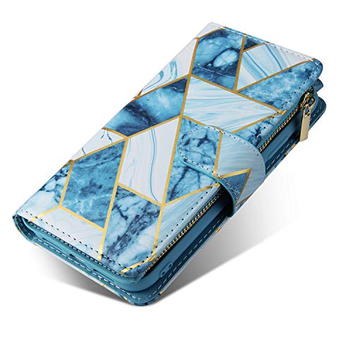 Ueebai Wallet Case For Iphone Xr, Premium Vintage Pu Leather Magnetic Closure Handbag Zipper Pocket Cover Kickstand Card Slots With Wrist Strap Tpu Shockproof Flip Case For Iphone Xr - Marble Blue #TOP7