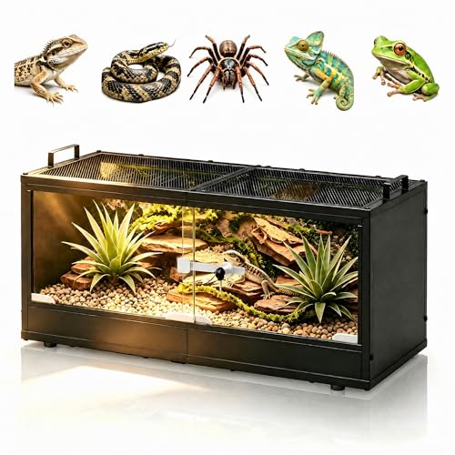 20 Gallon Reptile Terrarium Tank Lockable Reptile Enclosure with Mesh Top & Handles Escape-Proof Habitat Cage with Sliding Door for Snakes Lizards Tortoise & Small Animals Black