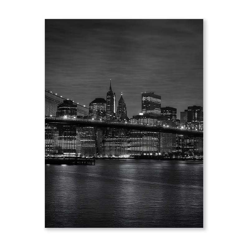 Póster de paisaje nocturno de ciudad en blanco y negro con puente, lámina decorativa para pared, decoración del hogar para dormitorio y sala de estar (80x120cm/31x47in) x3 Sin marco
