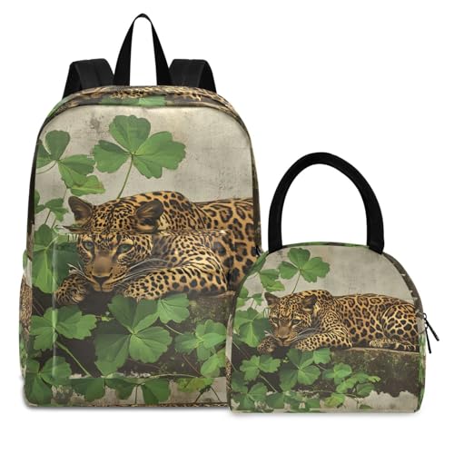 Backpack Lunch Box Set Large Capacity Travel Backpacks and Insulated Lunch Bag for Commute Hiking Picnic Lucy Leaf Leopard Print