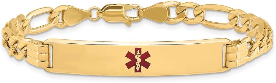 Engravable Personalized Custom 14K Yellow Gold Solid Medical Red Enamel Figaro Link ID Bracelet For Men or Women Length 8 inches Width 8 mm With Lobster Claw Clasp