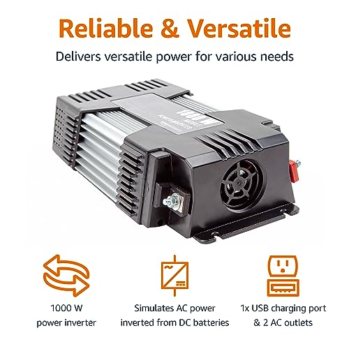 Image of Amazon Basics 1000W Car Power Inverter, 12V to AC 110V, Portable, 2 AC Outlets, USB Port, 13.81 x 7.44 x 3.07 inches