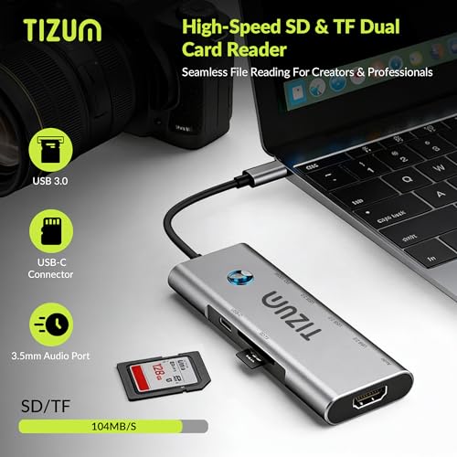 Image of Tizum 9-in-1 USB C HUB with 4K HDMI, On /Off Button, 100W PD Charging, USB C, USB 3.0 5Gbps, 2x USB 2.0, SD /TF Card Reader, 3.5mm Audio| Type C Multiport Adapter for MacBook Laptop, Tablet, Plug & Play