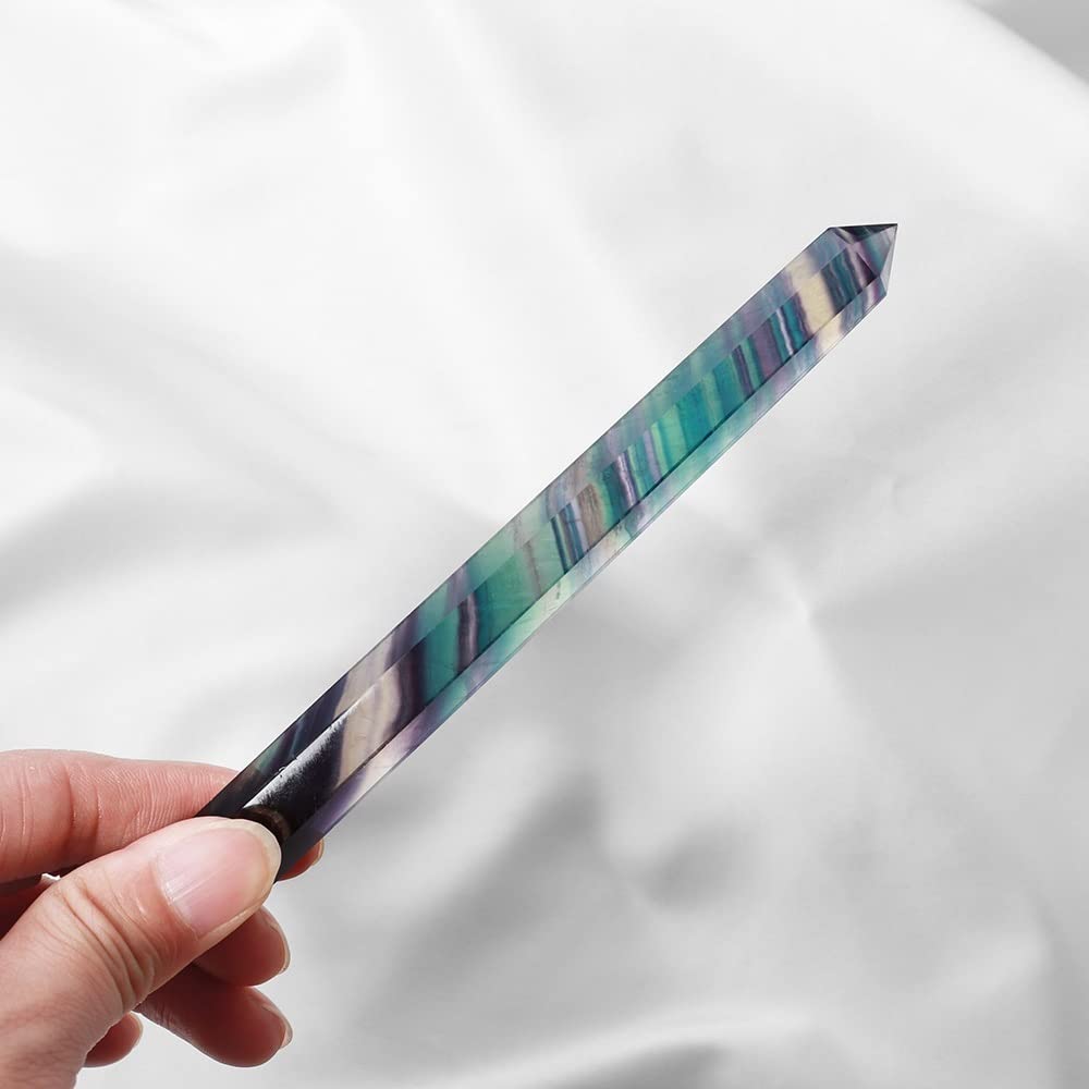 15-16cm 1PC Naturale Arcobaleno Fluorite Snella Colonna di Cristallo A Strisce Fluorite Punto Bacchetta Magica Pietra Esagonale DINZHHENGYIN