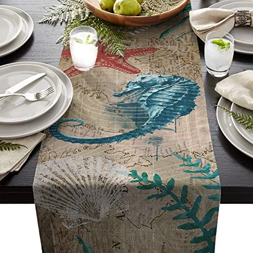 Xspring Table Runners Nautical Theme Marine Life Seahorse Non Slip Heat Resistant Modern Table Runner for Family Dinner Kitchen or Gatherings, Indoor or Outdoor Parties 16×72inch