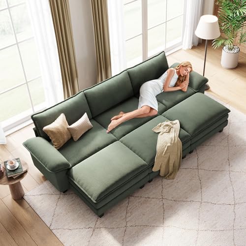Image of LINSY HOME 123'' Modular Sectional Sofa 3 Seat Couch Corduroy Cloud Couch with Deep Seat, Modern Cloud Couch with 3 Movable Ottoman for Living Room, Office, Bedroom, Green