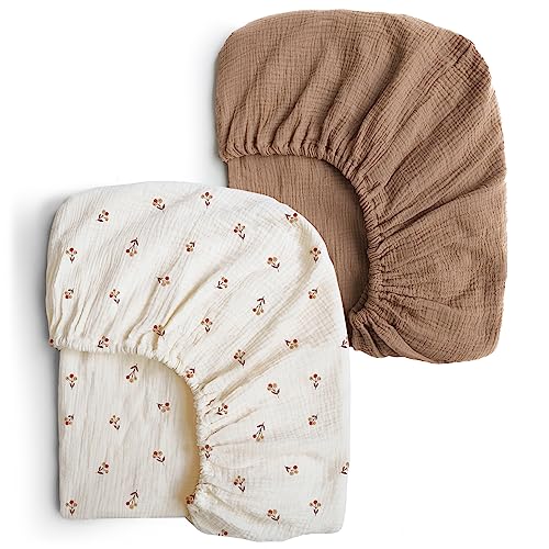 Image of Konssy Muslin Crib Sheets 2 PCS 100% Cotton Baby Crib Sheets for Standard Crib Mattress (28"x 52"), Soft and Breathable for Boys, Girls (Brown, Berry)