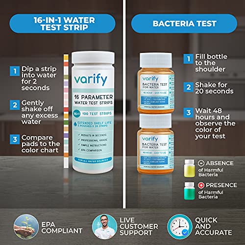 varify 17in1 complete drinking water test kit - 100 strips  2 bacteria tester kits - well tap home city water testing strip for lead alkaline chlorine hardness iron fluoride copper amp more