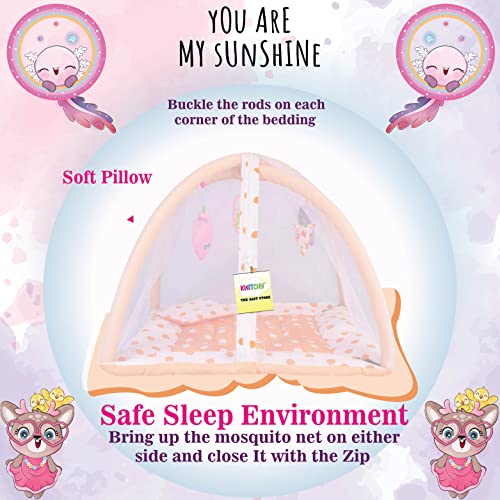 Image of Kwitchy Baby Bedding Set New Born Baby Bed Mattress with Mosquito Net Play Gym Playmat Cotton Bed with Hanging Toys (0-6 Months, Orange)