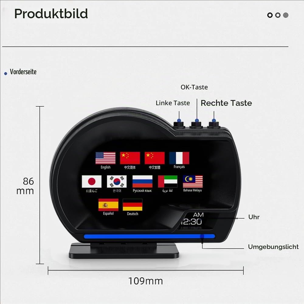 Auto Head Up Display,Cars Heads Up Display,Horizontale Fahrzeuganzeige,OBD2+GPS,mit Einstellbarer Halterung,Geschwindigkeit,Drehzahl,mehrsprachige Anzeige,für alle Fahrzeuge