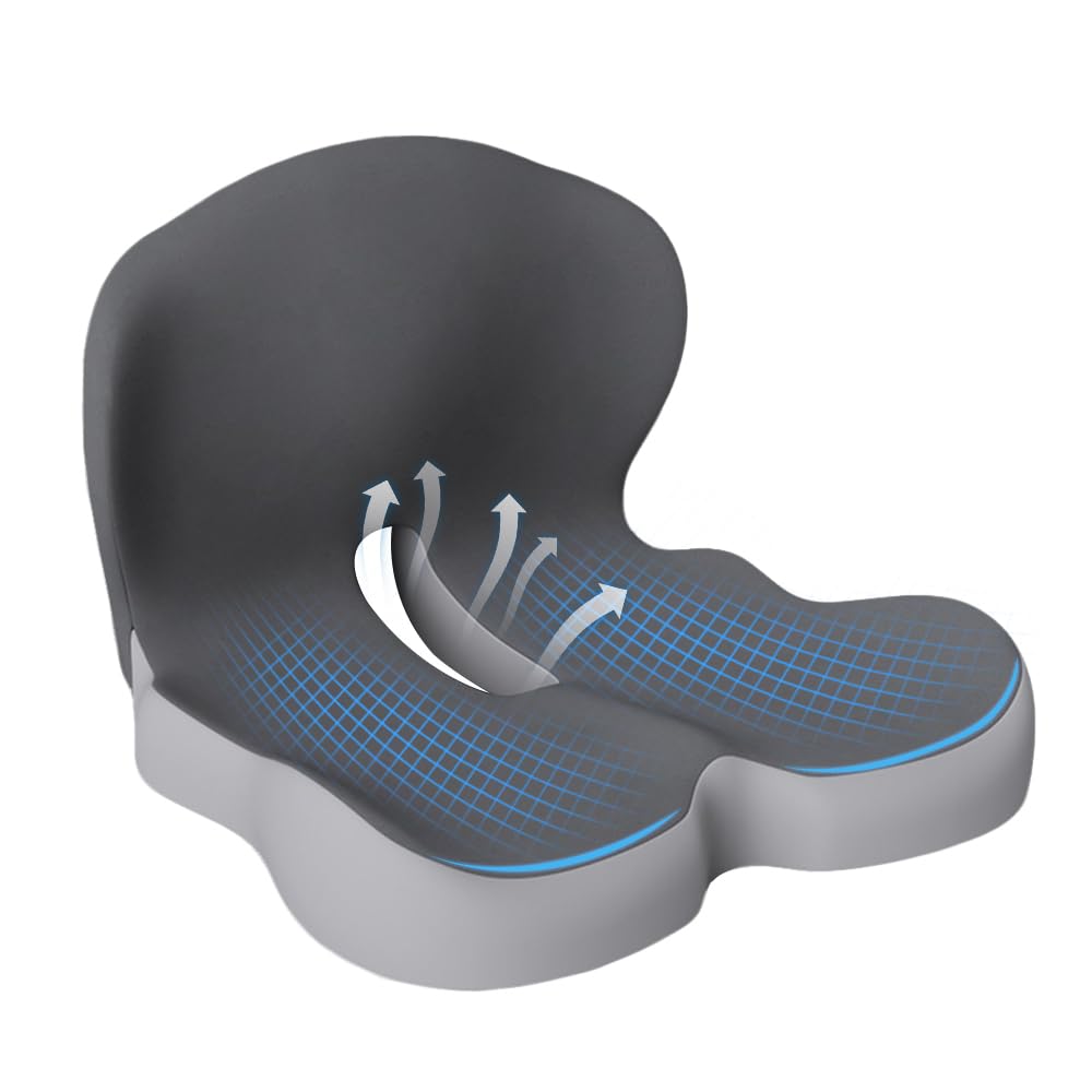 HoldOneLight Ergonomic Memory Foam Seat Cushion, For Office, Car, Gaming & Dining Chairs, Sciatica, Tailbone & Coccyx Pain Relief, Lumbar & Lower Back Support (Dark Gray)