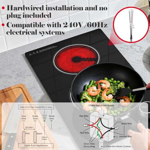 Image of SNDOAS 2 Burner Electric Cooktop,12 inch Built-in 3000W and 9 Power Levels Glass Ceramic Stove Top,Electric Stove with Knob Control,Hardwired 240V for Kitchen,Residual Heat Protection,Easy Clean