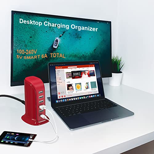 Image of USB Phone Charger 6 Ports 40W Upoy, Type C Wall Charger Smart 6A, Charging Tower with 5ft Power Cord, USB Power Adapter Fast Charging, Smart Home Device Charging Station, iPhone /Ipad Accessories