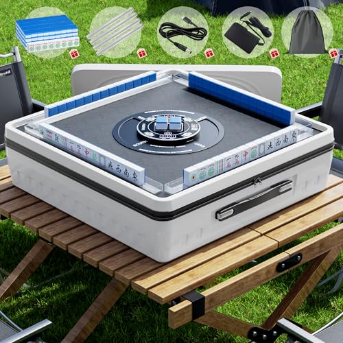 PYY Portable Automatic Mahjong Table - Foldable 152 Magnetic Mini Mahjong Tiles Smooth Non-Jamming Shuffling Supports American & Chinese Styles for Outdoor & Home Fun White-Blue