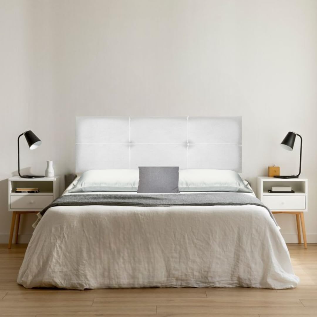 Cabecero de Cama Modelo Paris, en Doble Costura y tapizado en Polipiel Ahazar. Somos Fabricantes ESPAÑOLES. Altura 50cm. Color Blanco. para Cama de 135 (Medidas 145x50x5) Pro Elite.