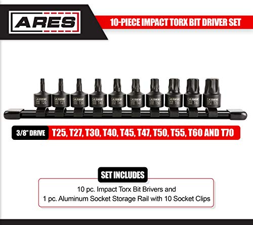 Ares 24001-10-Piece 3/8-Inch Drive Low Profile Impact Torx Bit Driver Set - Chrome-Moly Steel & Manganese Phosphate Coating - Star Bit Size Range T25-T70 - Reusable Storage Rail #TOP1