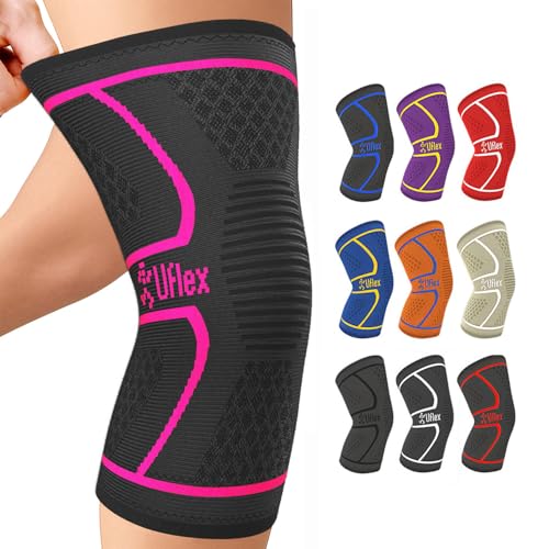 Image of UFlex Athletics Knee Compression Sleeve Support for Women and Men - Knee Brace for Pain Relief, Fitness, Weightlifting, Hiking, Sports - Pink,Medium