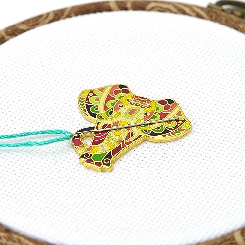 Image of Awesome Pattern Studio Mandala Elephant Magnetic Needle Minder + 2 Needle Threaders. Enamel Pin for Cross Stitch, Embroidery and Craft