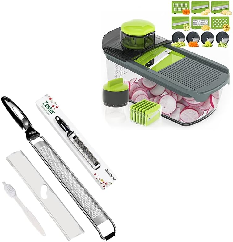Ourokhome Cortadora de verduras de mandolina 10 en 1, trituradora multifuncional de verduras con contenedor, rallador de limón de cocina, rallador