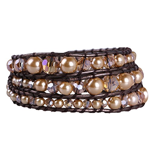 Image of KELITCH Gold Pearl Crystal Beaded 3 Wrap Bracelet Original Leather Bracelet Top Jewelry (Gold)