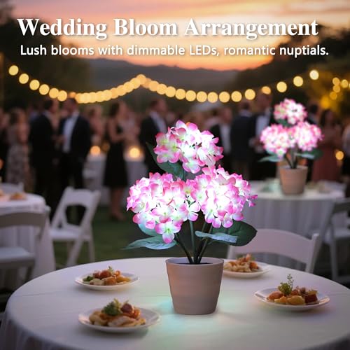 Image of Pink Artificial Hydrangea LED Flower Pot - Lighted Floral Decor for Wedding, Christmas, Bar Coffee Shop Home Decor, Battery-Operated Night Light, Gift for Women