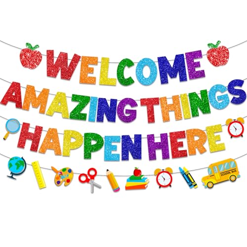 Image of Welcome Amazing Things Happen Here Banner,Welcome Back Banner School Decorations Welcome School Sign for Back to School Classrooms Decor