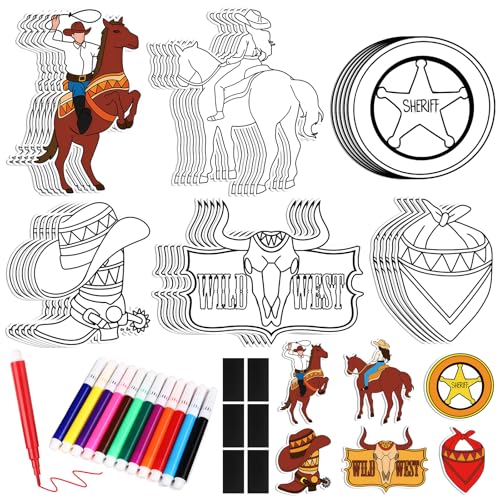 30Pcs Western Cowboy & Cowgirl Party Favor Crafts,Color Your Own DIY Magnet Making Kit for Wild West Birthday Party Rodeo Supplies Ornaments