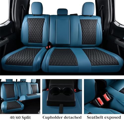 Image of Coverado Waterproof Faux Leather Seat Covers Full Set for Ford F150 2015-2026 SuperCrew & F250 F350 F450 2017-2026 Crew Cab, Compatible with XL XLT Lariat King Ranch, Blue Interior Truck Accessories