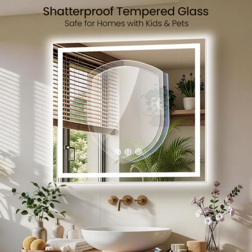 Image of 48x48 LED Bathroom Mirror with Anti-Fog, Backlit & Front Lit, Memory | Stepless Dimmable 3 Color CRI 95+ Shatterproof Tempered Glass ETL Listed for Safety Lighted Bathroom Vanity Mirror for Wall