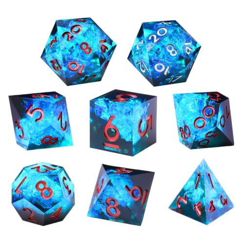 8PCS Sharp Edge DND Dice Set（Extra D20） for Dungeons and Dragons – 2×D20 D4 D6 D8 D10 D12 D10% – Handmade Polyhedral Resin Dice Multi-Sided Tabletop RPG Roleplaying Game（Blue Dark）