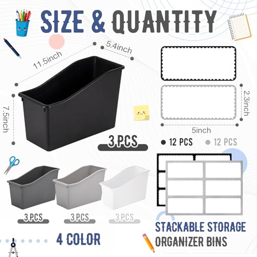 Geetery 12 Pcs Book Bin for Classroom with Labels Stackable Plastic Organizing Bins 11.5 x 5.4 x 7.5 in Book Holders Storage Bins Box Baskets for Classroom Library Home (Simple Color) - Image 2