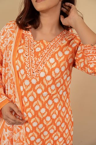 Image of MIRCHI FASHION Pure Cotton Women Straight Print & Thread Embroidery Kurti Set with Dupatta & Pant