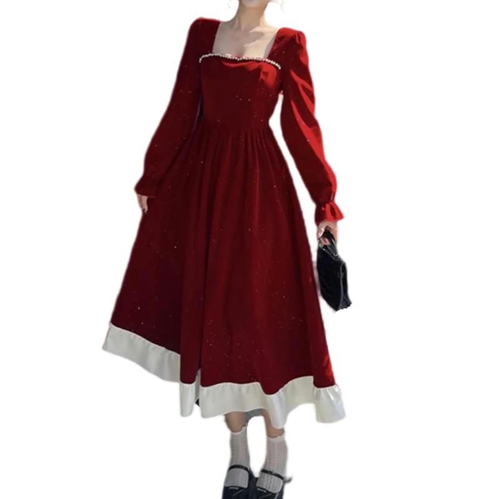 Elegante Abito Rosso da Donna con Gonna a Sbuffo e Colletto Quadrato, Abito da Ballo, Rosso, M
