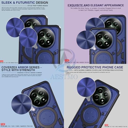 Image of AESTMO Armor Realme 12X / 12 / C65 / Narzo 70X 5GG Bumper Back Case Cover | Ring Holder & CD Pattern Sliding Camera Shutter Cover | 360 Degree Protection Back Case Cover (Blue)