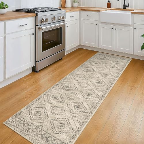 KILOCOCO Kitchen Runner Rug 2x6 Washable Runner Rug Soft Runners for Hallways Non Slip Printed Distressed Laundry Room Rugs, Low-Pile Runners for Entryway Bedroom Living Room, Beige/Gray/Green