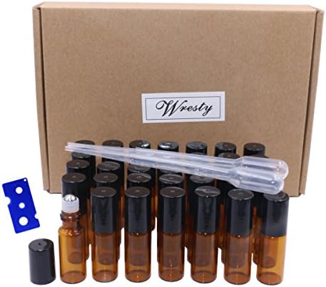 Wresty 35 Packs 5ml Amber Glass Roll On Bottles Essential Oils Rollerball Bottles Empty Aromatherapy Perfume Sample Bottles Lip Balm Roller Bottles,with Opener and Dropper