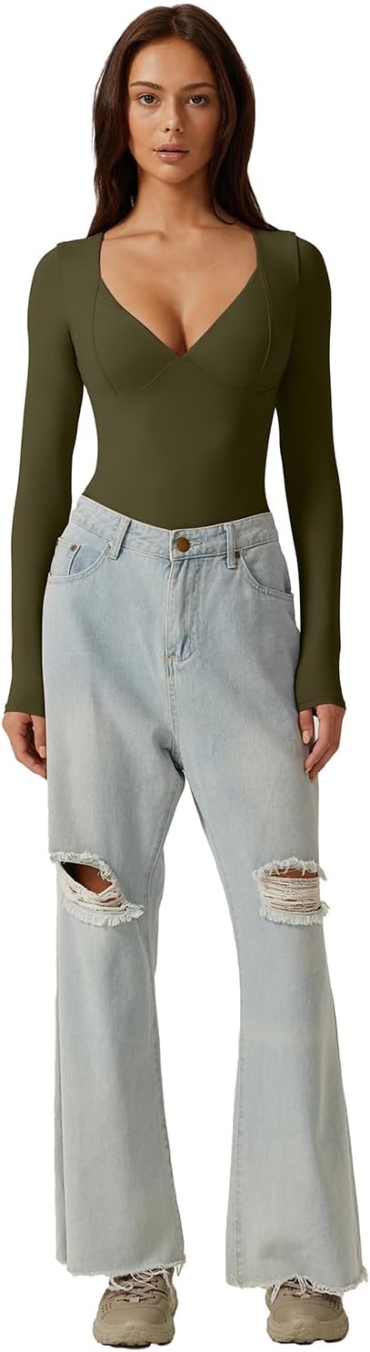 QINSEN Women's Long Sleeve Bodysuit V Neck Body Suits Seamed Cup Going Out Tops Shirt - Image 6