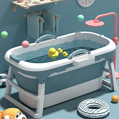 W WEYLAN TEC 47 inch Luxury Large Foldable Bath Tub Bathtub for Toddler Children Twins Petite Adult with Lid Handle Drain Hose Blue - Thumbnail 6