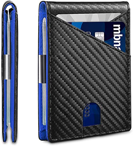 Wallet for Men Slim with 12 Slots RFID Blocking Men's Front Pocket Wallet Black with ID Window (CARBON BLACK AND BLUE)