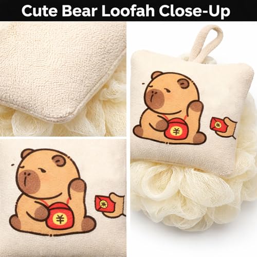 Image of Luxe Home International Bath Sponge For Kids And Adult Microfibre Soft Shower Loofah Bear Pattern Gentle Skin Exfoliating Body Scrubber For Toddler Beige 10x11cm Pack Of 1