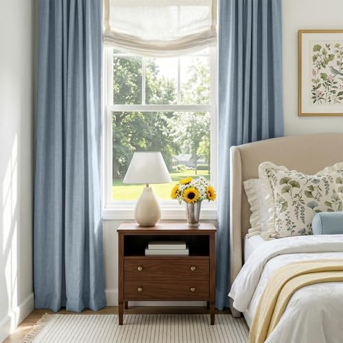Image of 100% Blackout Shield Dusty Blue Linen Blackout Curtains for Bedroom 102 Inches Long, Back Tab /Rod Pocket Living Room Drapes, Thermal Insulated Blackout Curtains 2 Panels Set, 50 inch W x 102 inch L