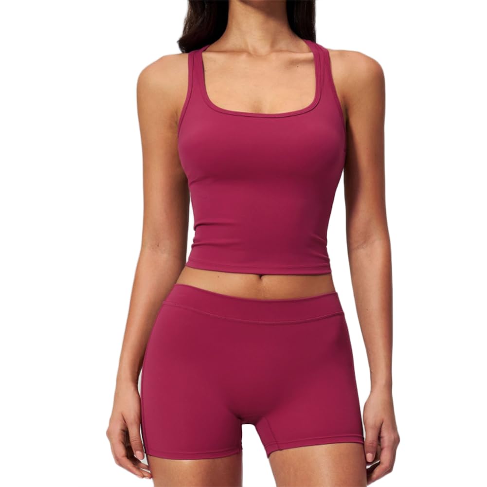 JPXJGT Women 2PCS Workout Set Square Neck Tank Top + Biker Shorts Seamless Quick Dry Yoga Gym Outfit(Size:S,Color:Red)