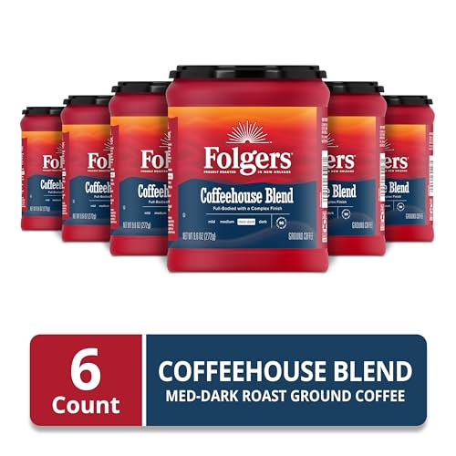 Image of Folgers Coffeehouse Blend Ground Coffee, 6 (9.6-Oz.) Canisters | 9.6-oz. canisters, Medium-dark roast coffee