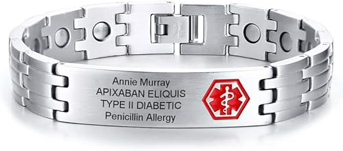 MEALGUET Pulsera de identificación médica para hombres grabado gratuito de acero inoxidable, alerta médica masculina, joyería de identificación